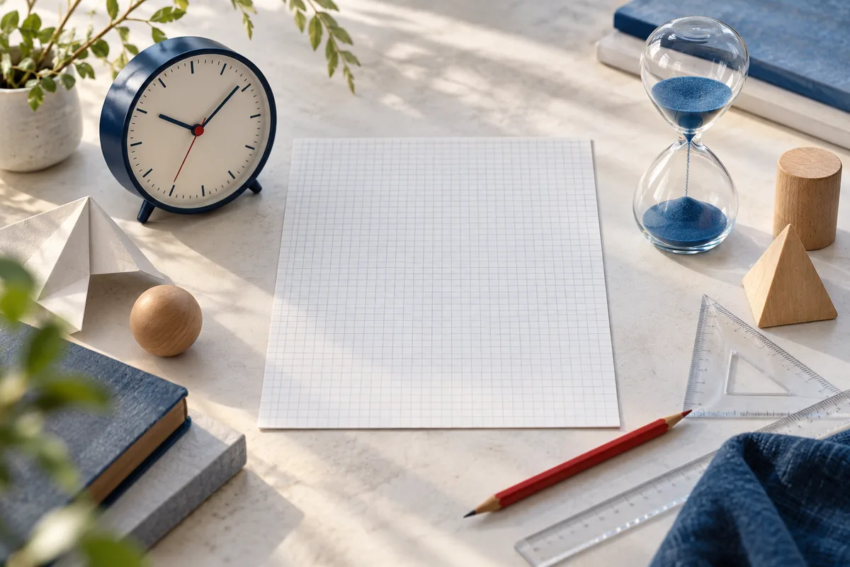 A blank graph-paper sheet surrounded by a clock, blue hourglass, red pencil, rulers, wooden shapes, and stacked books.