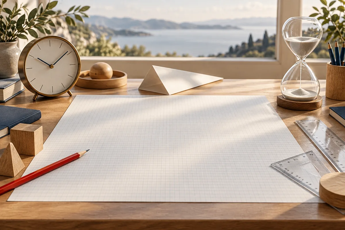 A desk with blank graph paper, a red pencil, rulers, a clock, and an hourglass, with a window and plants behind it.