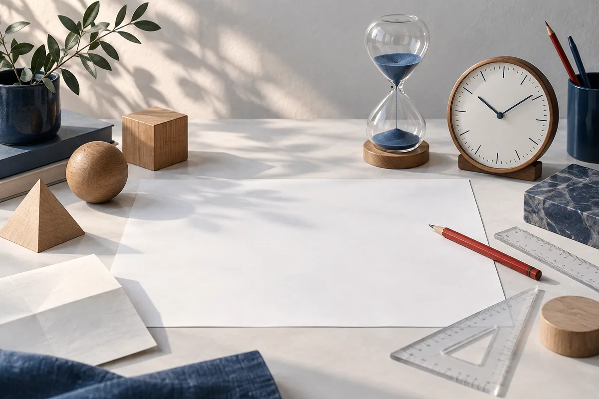A blank sheet on a desk surrounded by an hourglass, analog clock, wooden geometric shapes, pencils, rulers, and a potted plant.