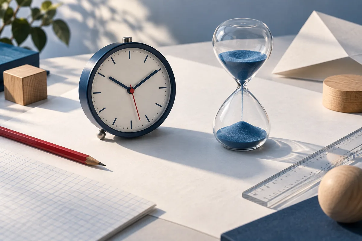 A navy analog clock and a glass hourglass with blue sand sit on a white desk beside a red pencil, graph paper, clear rulers, wooden shapes, and a white folded form.