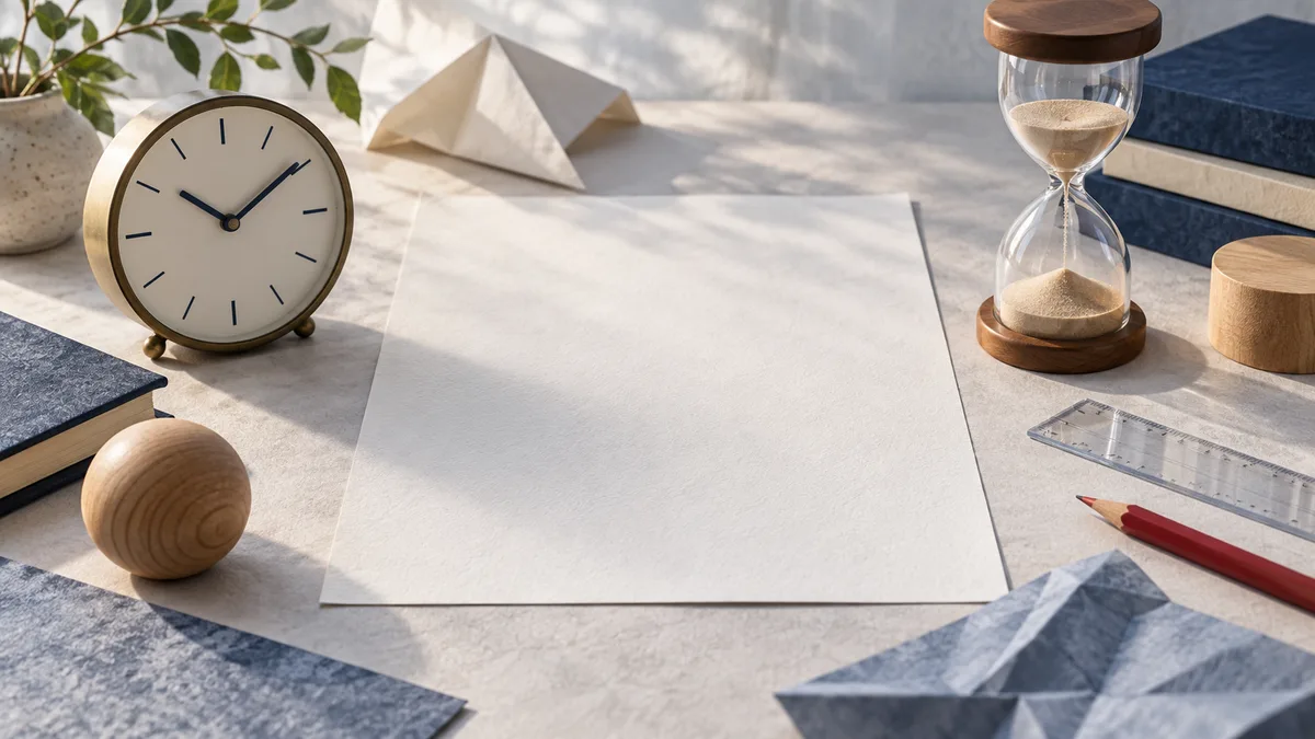 A clock and hourglass sit beside a blank sheet of paper, with a ruler, pencil, wooden shapes, and folded paper on a tabletop.