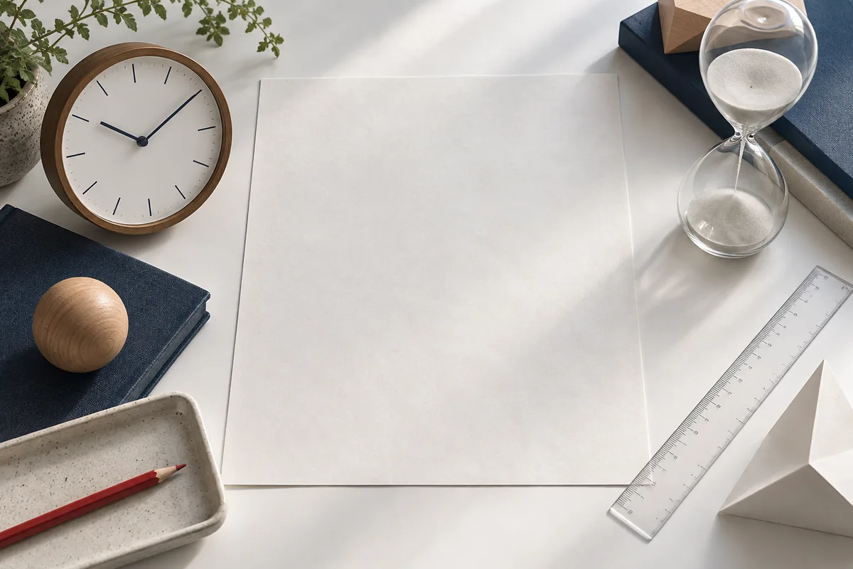 A blank white sheet surrounded by a wooden-rimmed clock, glass hourglass, clear ruler, red pencil, dark notebook with a wooden sphere, potted plant, and white geometric block.