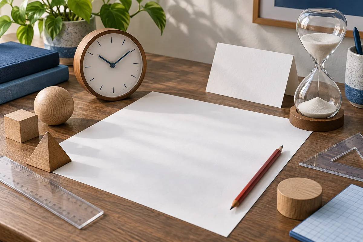 A wooden desk holds a blank sheet of paper, a pencil, a clock, an hourglass, rulers, and wooden shapes.