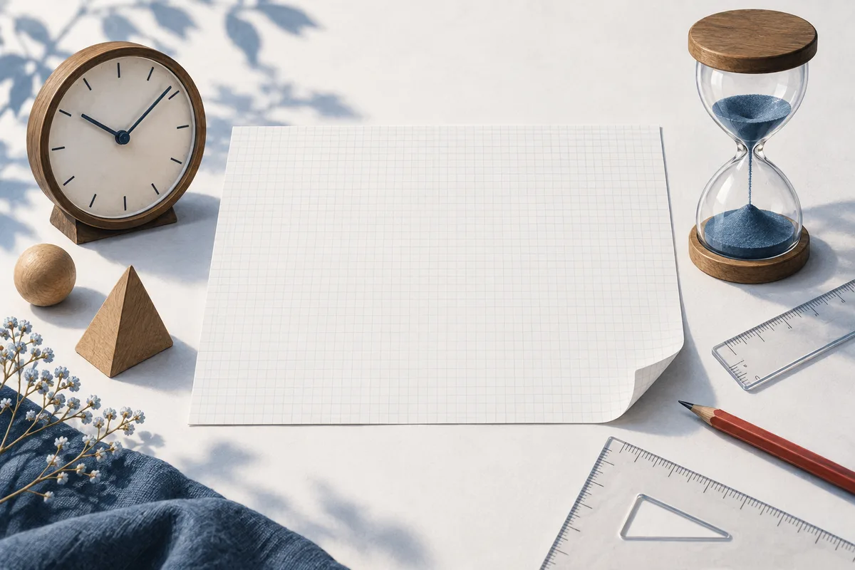 A wooden clock and a blue sand hourglass sit on either side of blank graph paper, with a pencil, clear rulers, and wooden shapes nearby.