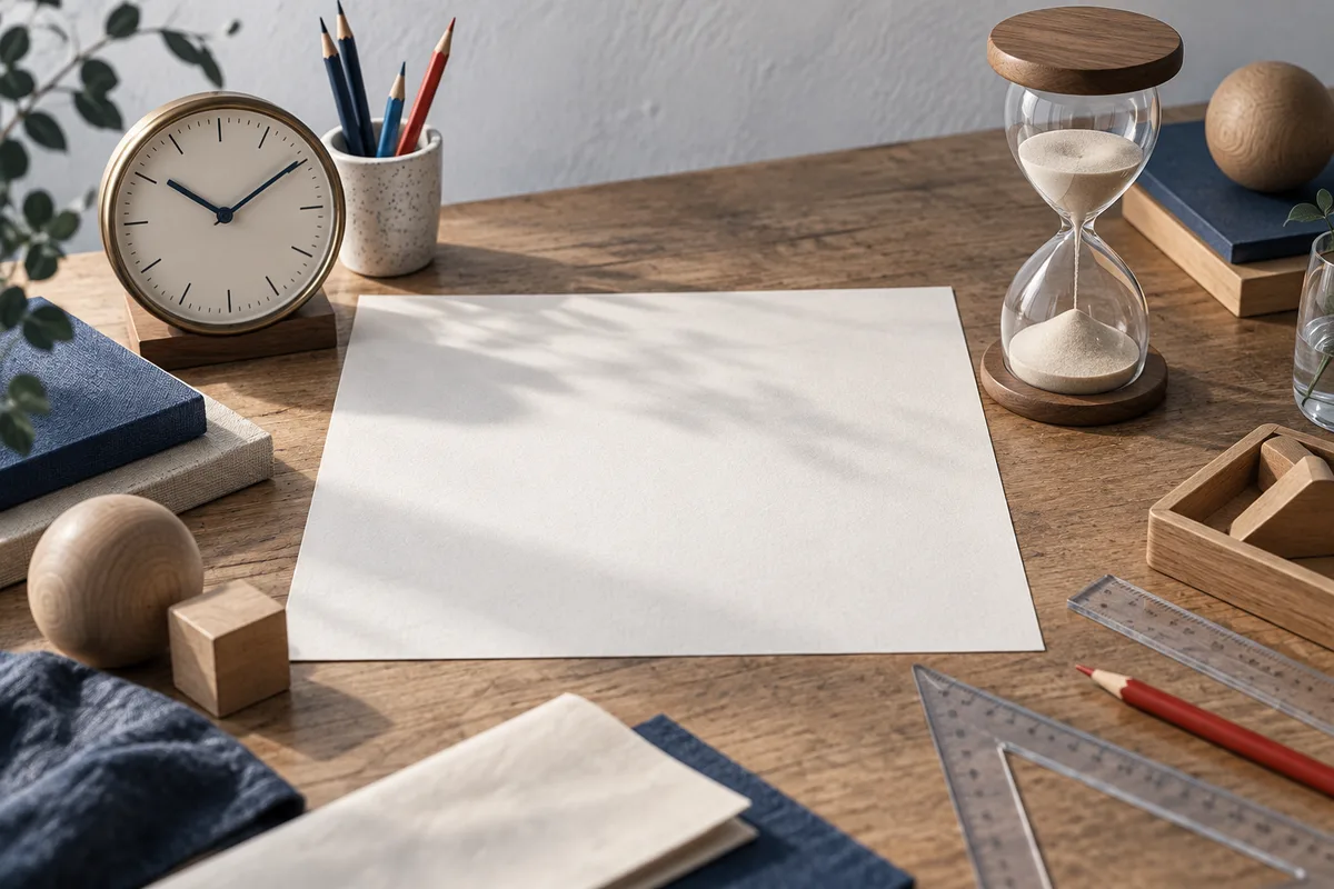 A blank sheet of paper on a wooden desk, surrounded by a clock, an hourglass, pencils, wooden blocks and transparent rulers.