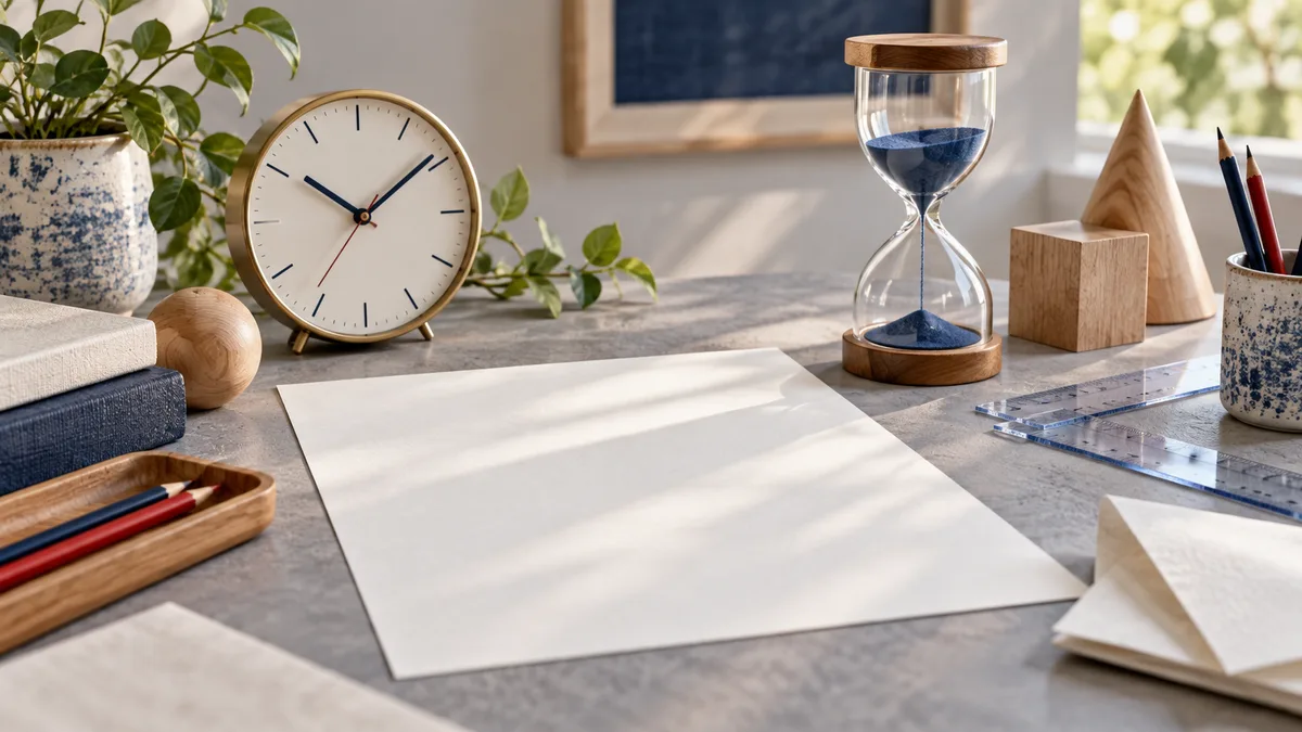A blank sheet of paper on a desk with a clock, an hourglass, transparent rulers, pencils, wooden shapes, and a leafy plant.