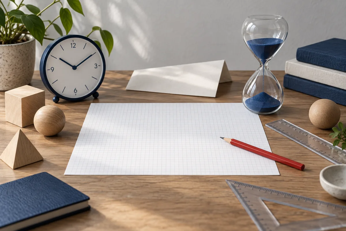 A wooden desk holds blank graph paper, a red pencil, clear rulers, wooden geometric blocks, a clock, and a blue hourglass, with books and a potted plant nearby.
