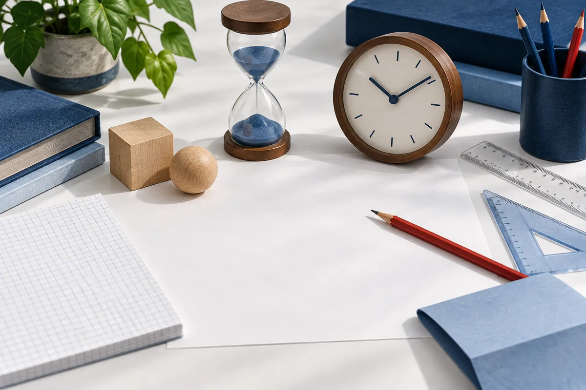 A white tabletop holds an hourglass, a round clock, blank paper, graph paper, books, wooden shapes, a red pencil, rulers, and a potted plant.