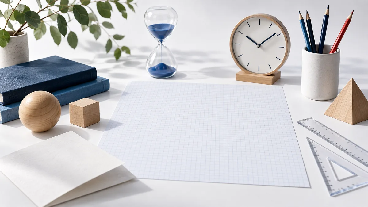 A white worktable with a blank sheet of graph paper, an hourglass, a wooden clock, blue books, pencils, rulers, and wooden geometric objects.