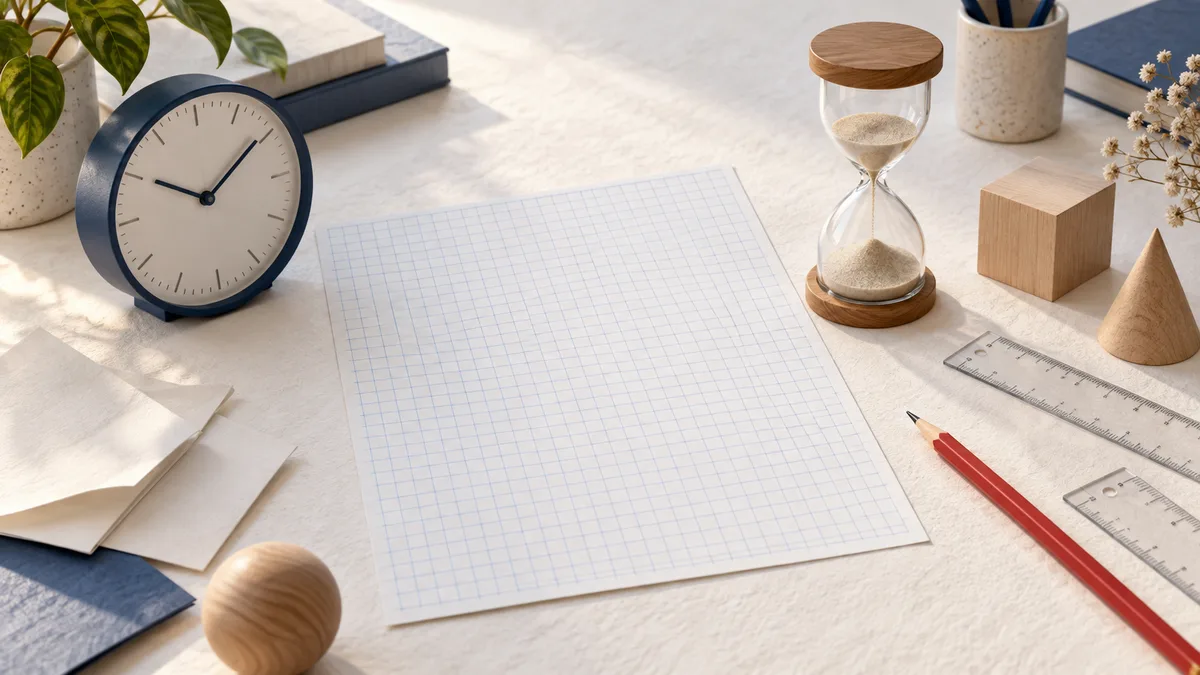 A desk scene with a large clock, an hourglass, blank graph paper, transparent rulers, a red pencil, wooden geometric objects, books, and a potted plant.