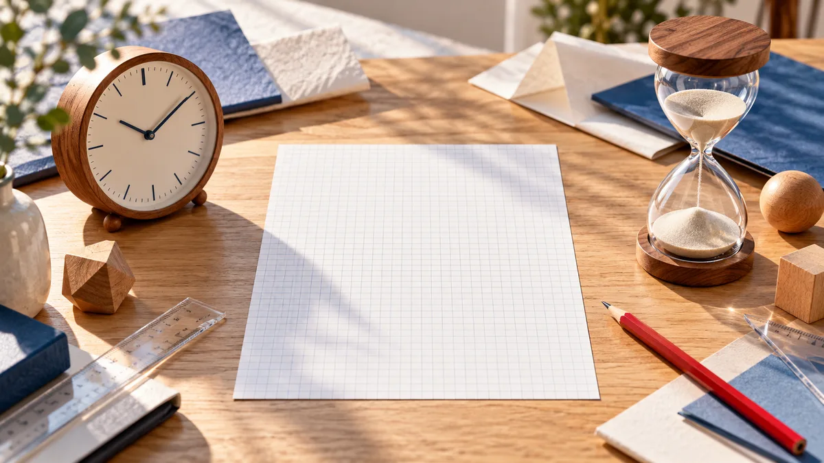 A wooden clock and hourglass flank a blank sheet of graph paper on a desk, with a ruler and red pencil nearby.