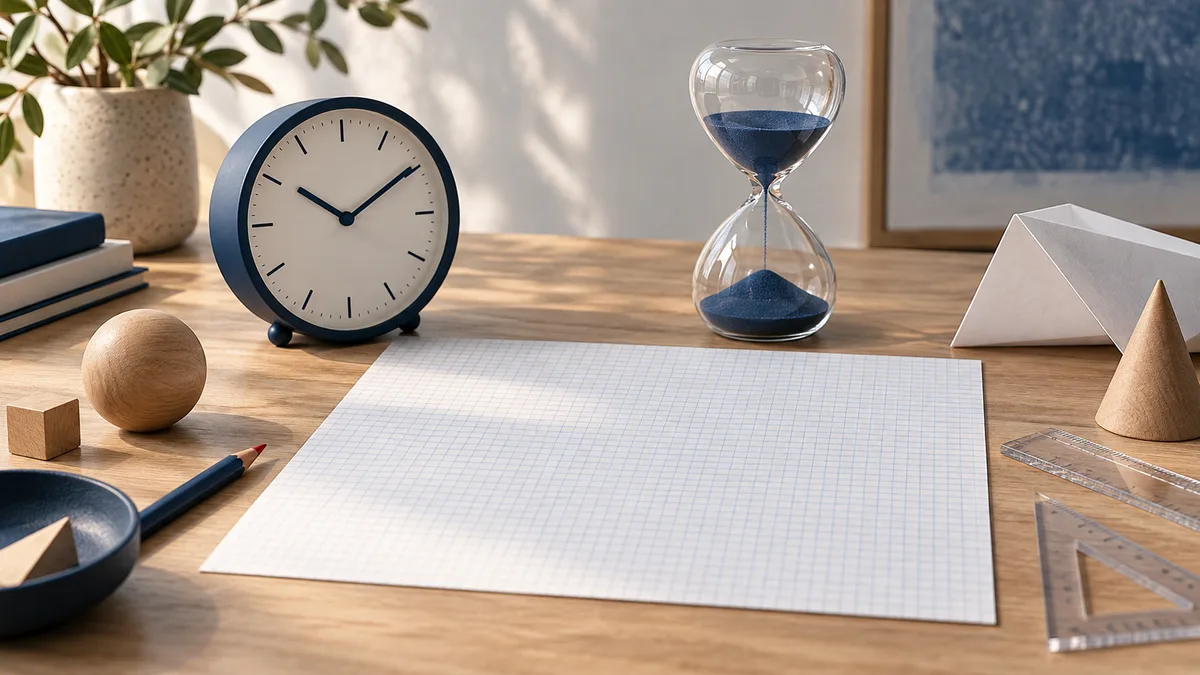 A navy clock and glass hourglass sit behind blank graph paper on a wooden desk, with a pencil, rulers, wooden shapes, books, and a potted plant nearby.