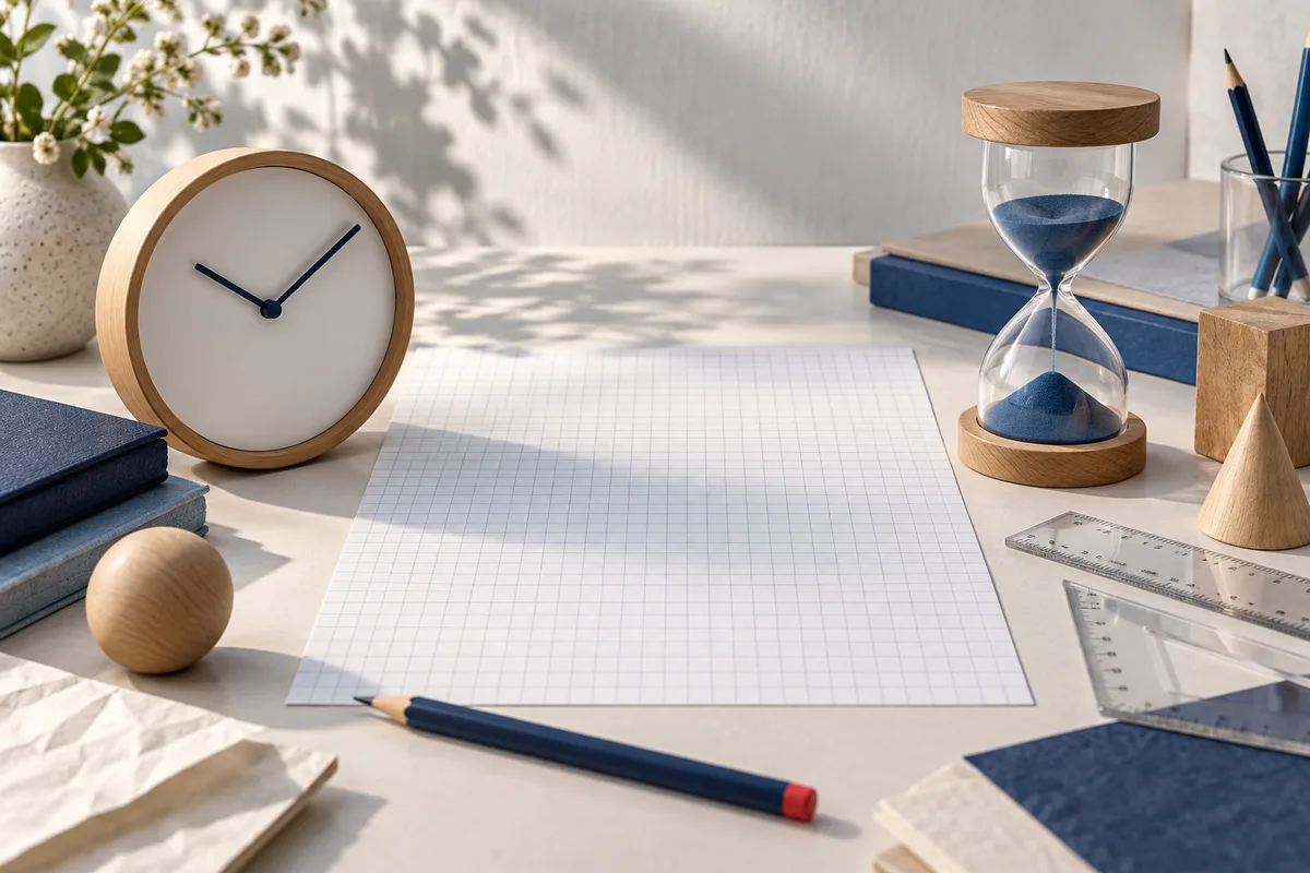 A wooden clock and blue hourglass sit beside a blank grid sheet, pencils, rulers, and wooden shapes.
