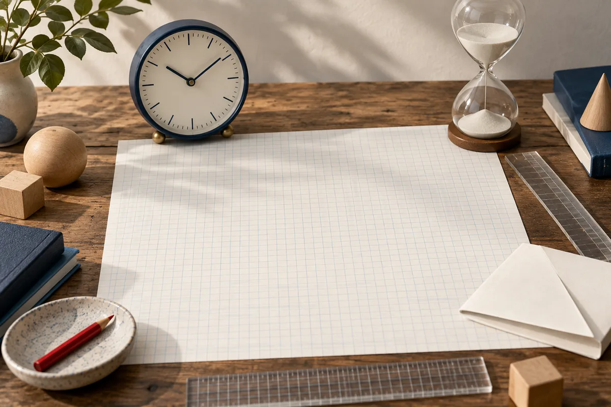A clock and hourglass sit above blank graph paper on a wooden desk, with a pencil, rulers, books, and wooden shapes nearby.