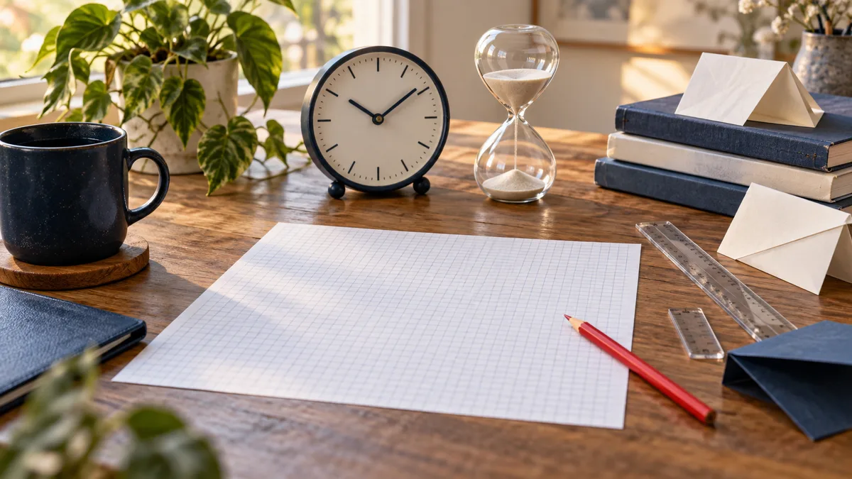 A wooden desk holds a blank sheet of graph paper, a red pencil, two clear rulers, a clock, an hourglass, stacked books, and a dark mug, with a potted plant behind them.