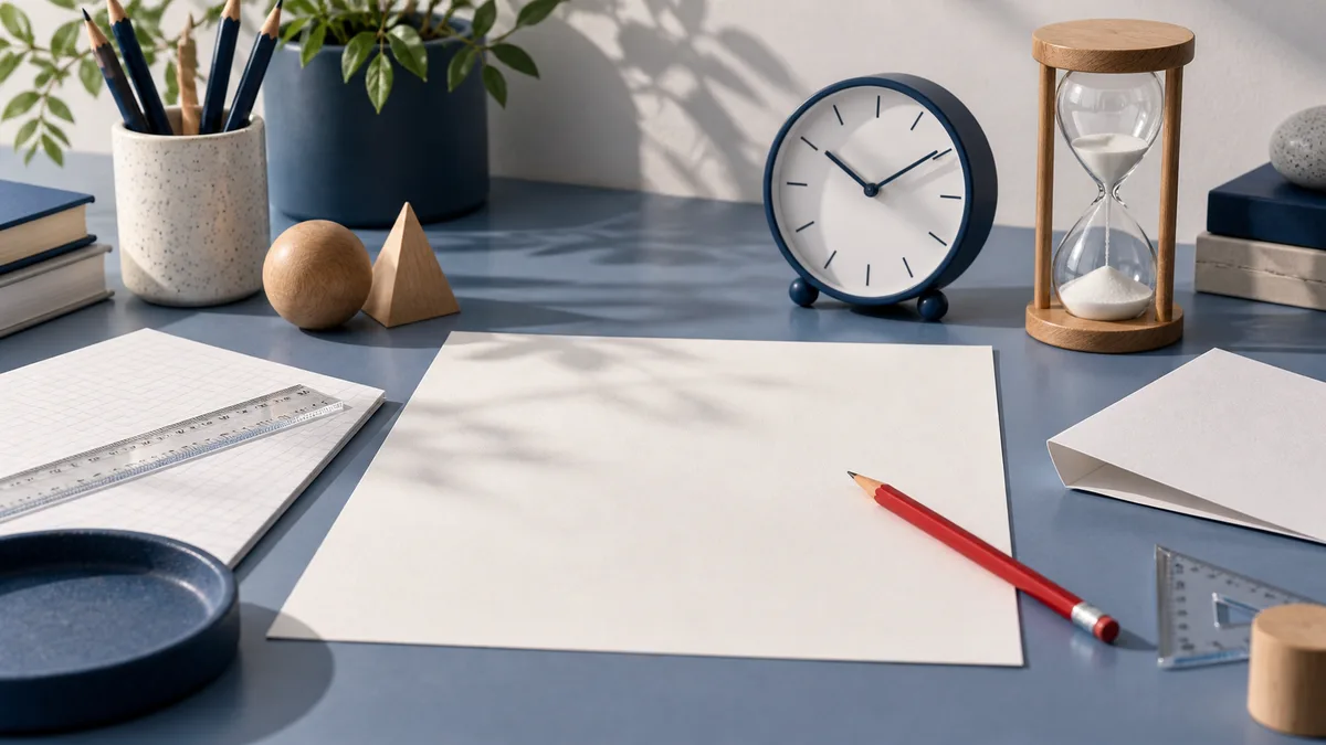 Desk still life with a blank sheet of paper, red pencil, analog clock, hourglass, rulers, graph paper, books, and wooden shapes.