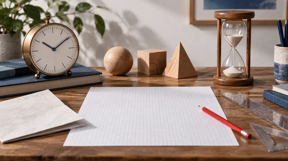 A wooden desk holds a clock, hourglass, blank graph paper, red pencil, rulers, books, and wooden geometric forms.