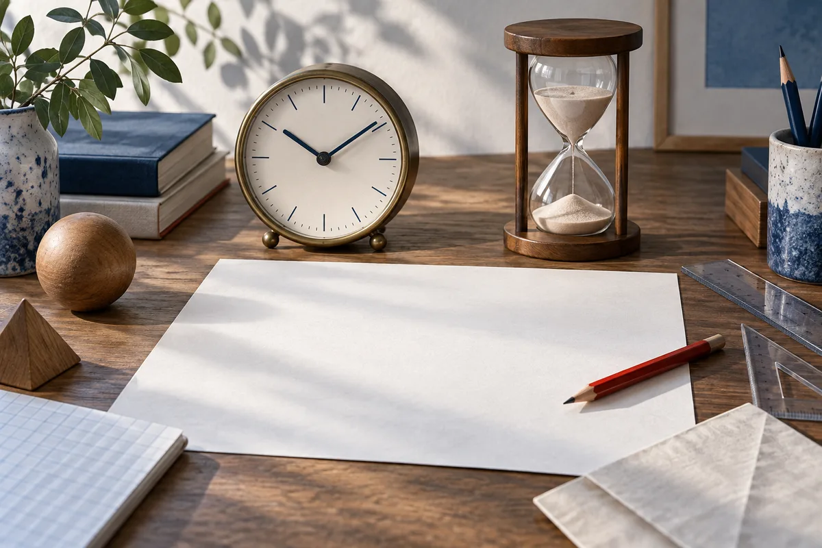 A blank sheet and red pencil on a wooden desk, with a clock, hourglass, books, rulers, and plants around it.