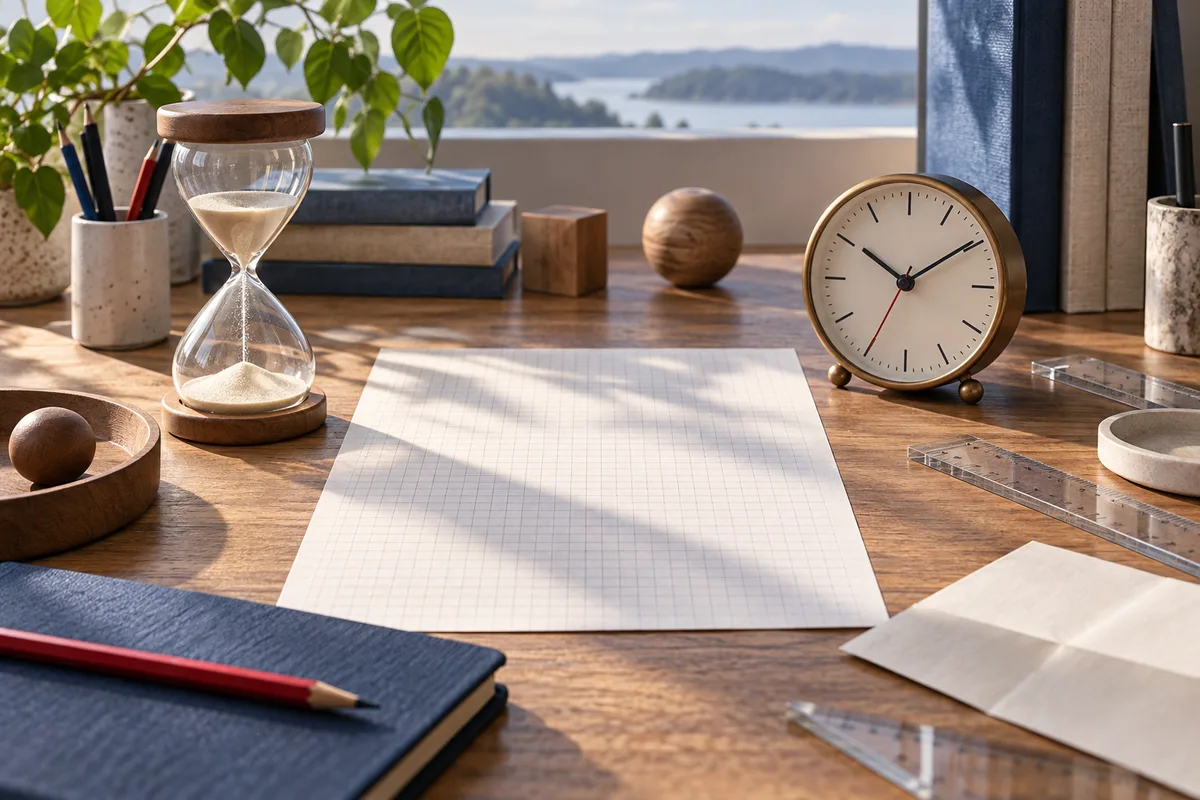 Blank graph paper lies on a wooden desk between an hourglass and an analog clock, with pencils, rulers, books, a plant, and a lake visible through the window.