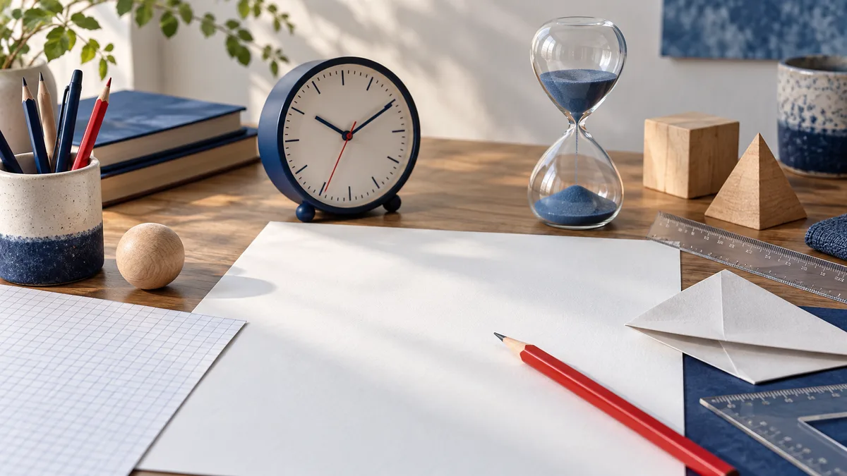A red pencil lies on a blank sheet beside a clock and hourglass, with graph paper, rulers, wooden blocks, and pencils arranged on a desk.