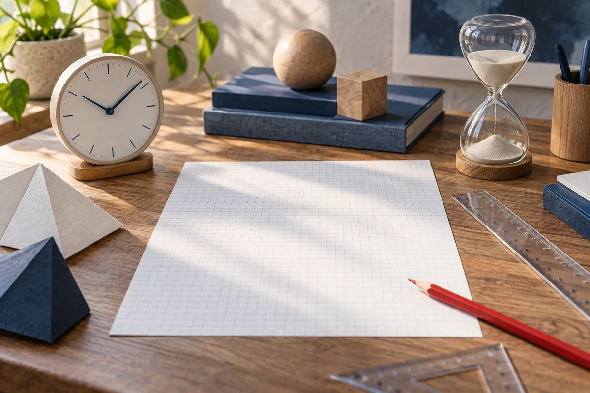 A blank sheet of graph paper on a wooden desk, with a clock, hourglass, rulers, geometric wooden shapes, and a red pencil around it.
