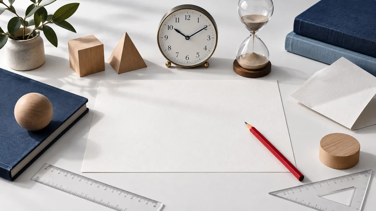 A white desk holds a blank sheet, red pencil, analog clock, hourglass, rulers, wooden shapes, books, a plant, and folded paper.