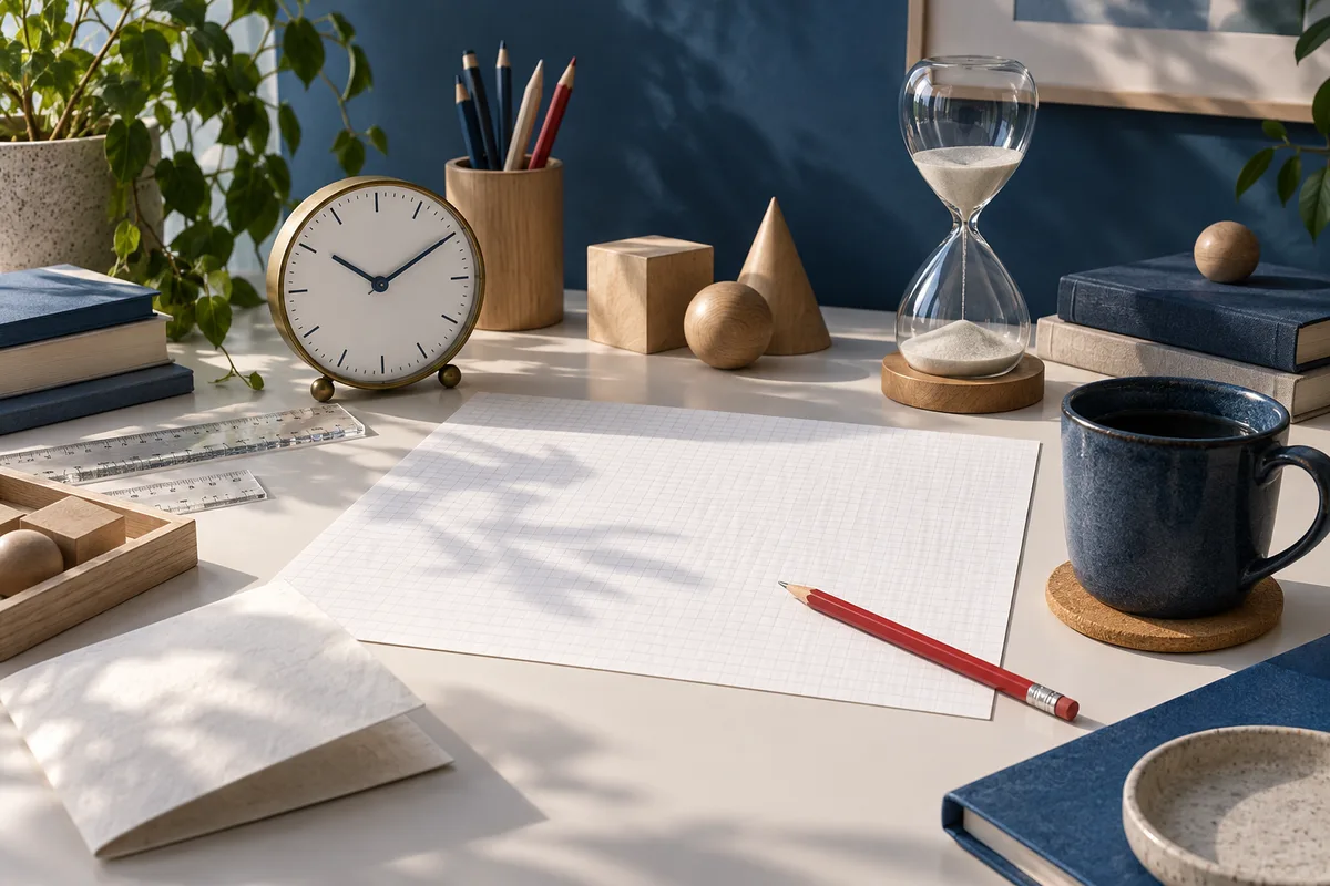 A red pencil lies across blank graph paper on a desk with a clock, hourglass, pencils, wooden blocks and shapes, books, rulers, a mug, and a potted plant.