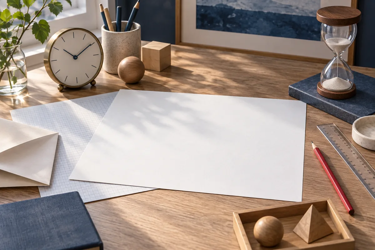 A desk holds a clock, an hourglass, blank sheets of paper, pencils, a ruler, and a tray with wooden shapes.