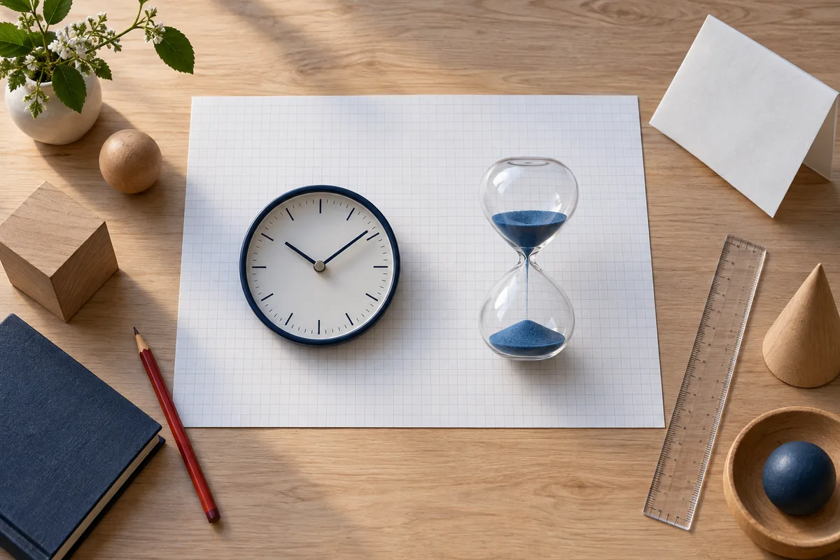 Overhead still life of a clock and hourglass on blank graph paper, with a pencil, ruler, wooden shapes, a potted plant, and a blue notebook on a wooden desk.