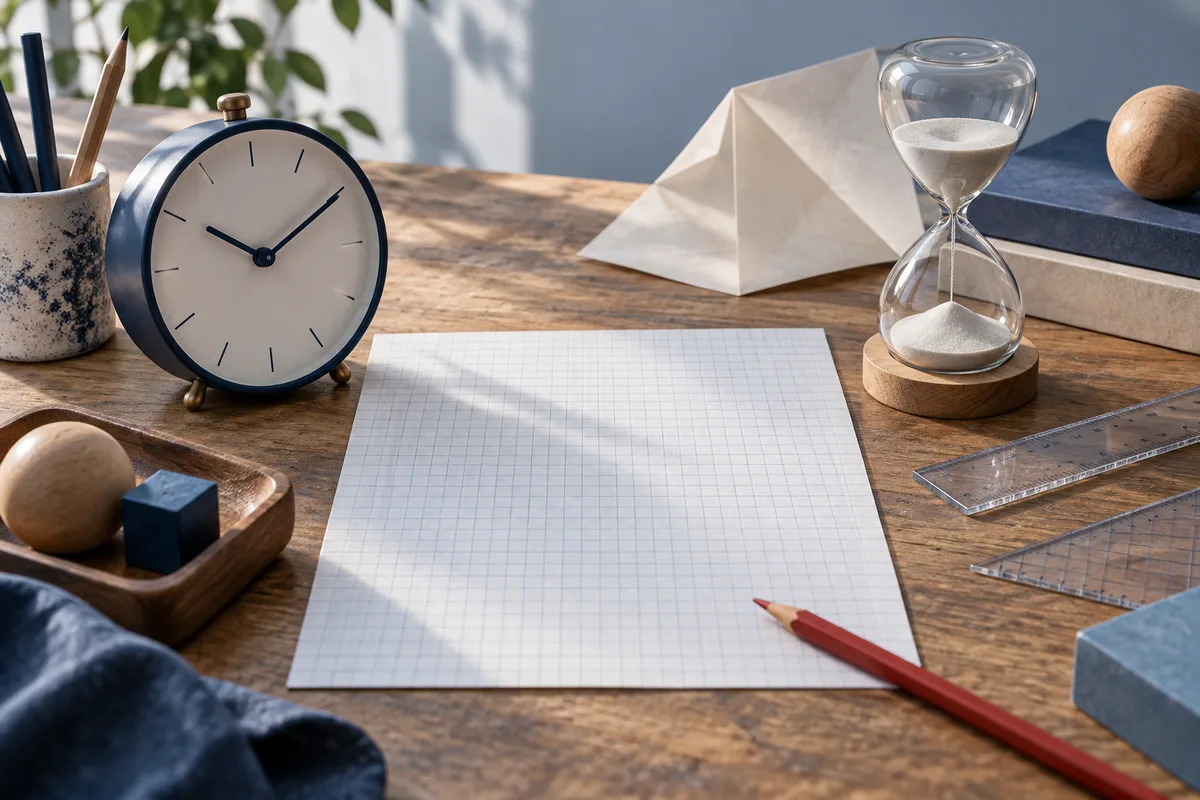 A blank sheet of graph paper and red pencil sit on a wooden desk between a clock and an hourglass, with folded paper and rulers nearby.