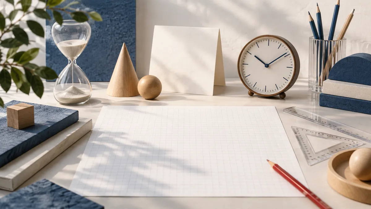 Blank grid paper and a folded card sit among an hourglass, clock, pencils, rulers, and wooden geometric shapes.