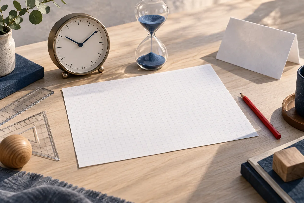 A tabletop still life with a clock and hourglass above blank graph paper, alongside clear rulers and a red pencil.