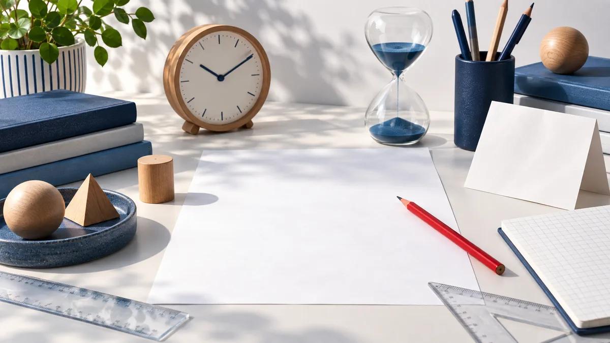 Desk still life with an analog clock, hourglass, blank white sheet, red pencil, transparent rulers, a gridded notebook, wooden geometric objects, blue books, and a plant.