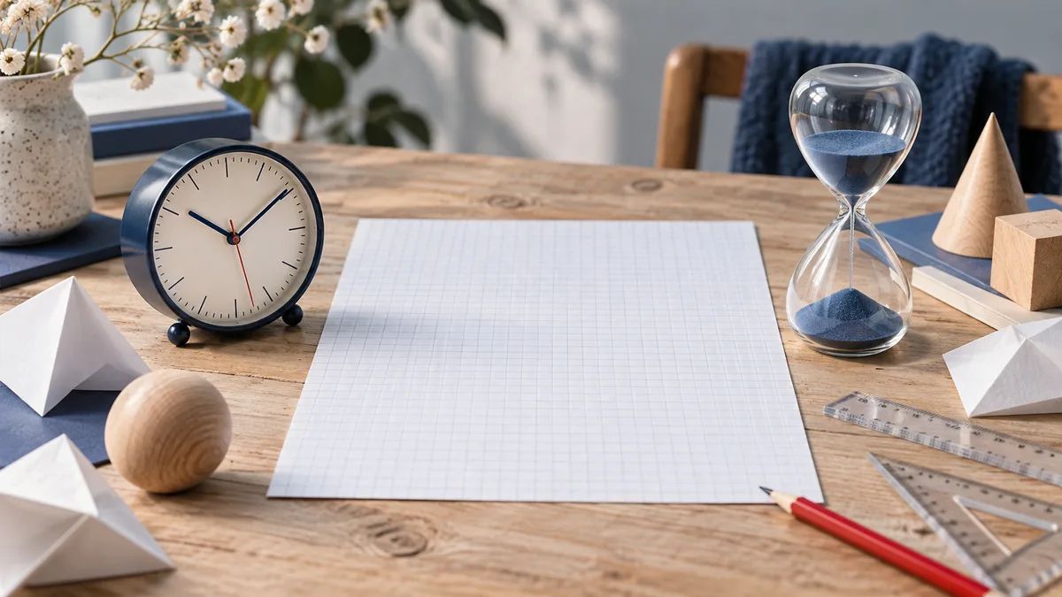 A blank sheet of graph paper lies on a wooden desk between an analog clock and an hourglass, with rulers and a red pencil nearby.