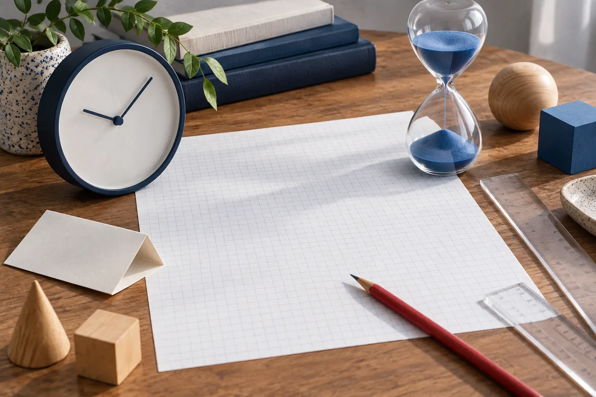 A blank gridded sheet on a wooden desk beside a clock, blue hourglass, red pencil, clear ruler, books, plant and wooden shapes.