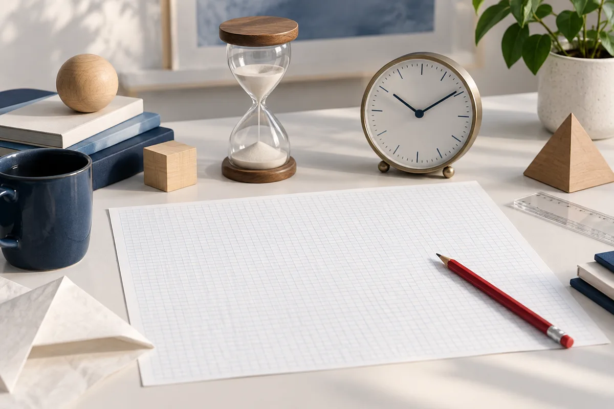 A red pencil rests on blank graph paper beside an hourglass and an analog clock, with books, a mug, wooden shapes, a ruler, and a potted plant around the desk.