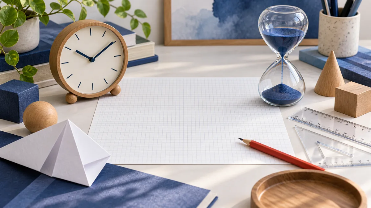 A wooden clock and blue-sand hourglass sit on either side of blank graph paper, with a red pencil, clear rulers, wooden shapes, books, and a plant nearby.