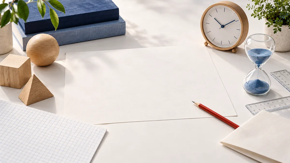 Overhead still life with a blank sheet of paper, a wooden clock, a blue-sand hourglass, rulers, a red pencil, graph paper, books, and wooden geometric blocks.