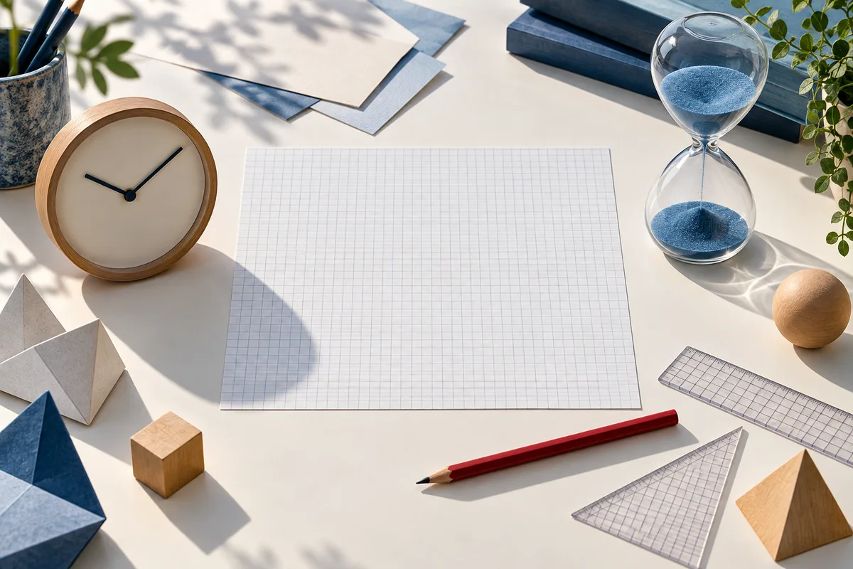 A wooden clock and glass hourglass sit beside blank graph paper, a red pencil, rulers, and wooden geometric blocks on a white desk.