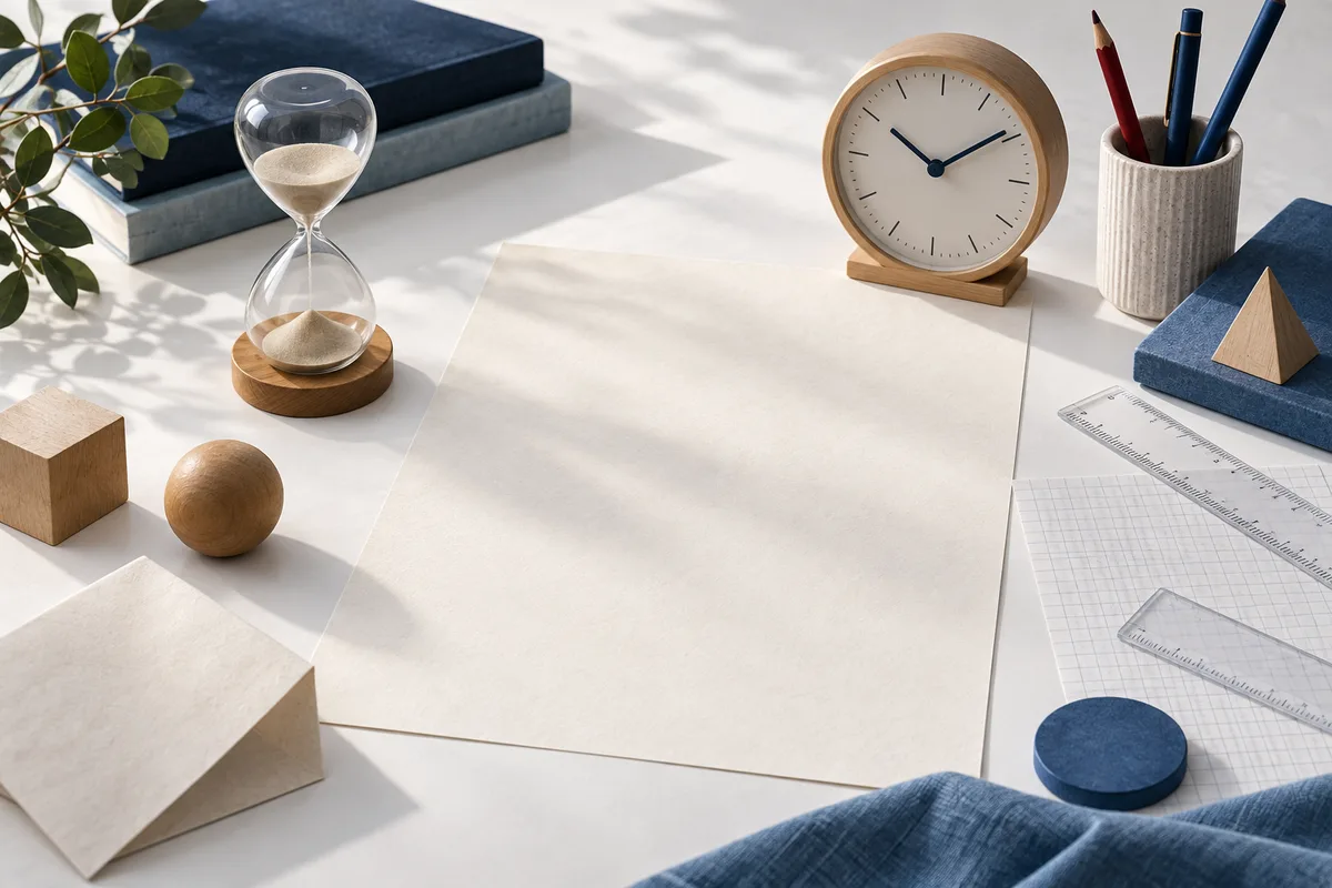 A tabletop still life with an hourglass, a round clock, blank paper, rulers, books, and wooden geometric forms.