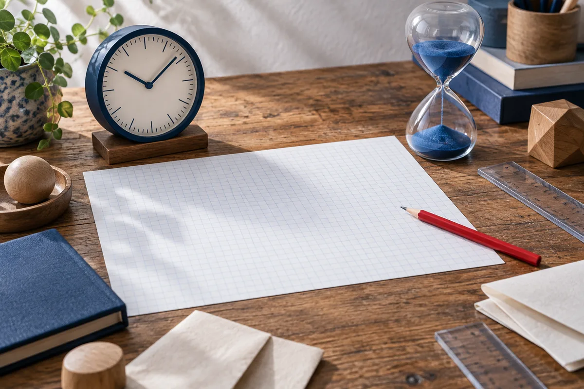 A blank graph-paper sheet and a red pencil sit beside a blue book on a wooden desk, with a clock, hourglass, rulers, and a wooden block.