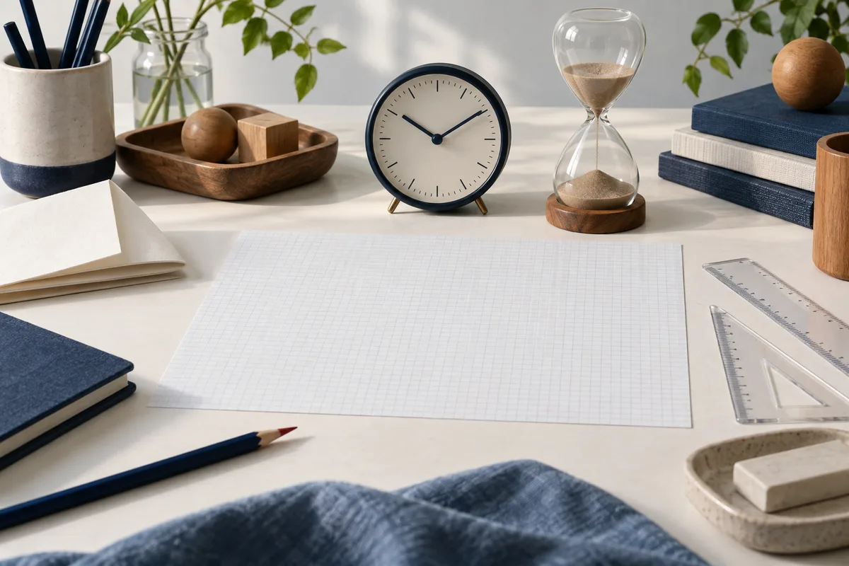 A tabletop with blank graph paper, a clock and hourglass, pencils, clear rulers, books, and wooden shapes.
