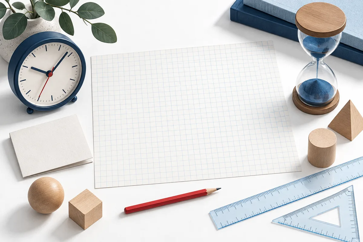 A blue clock and glass hourglass sit beside blank graph paper, a red pencil, rulers, wooden shapes, and leafy branches.