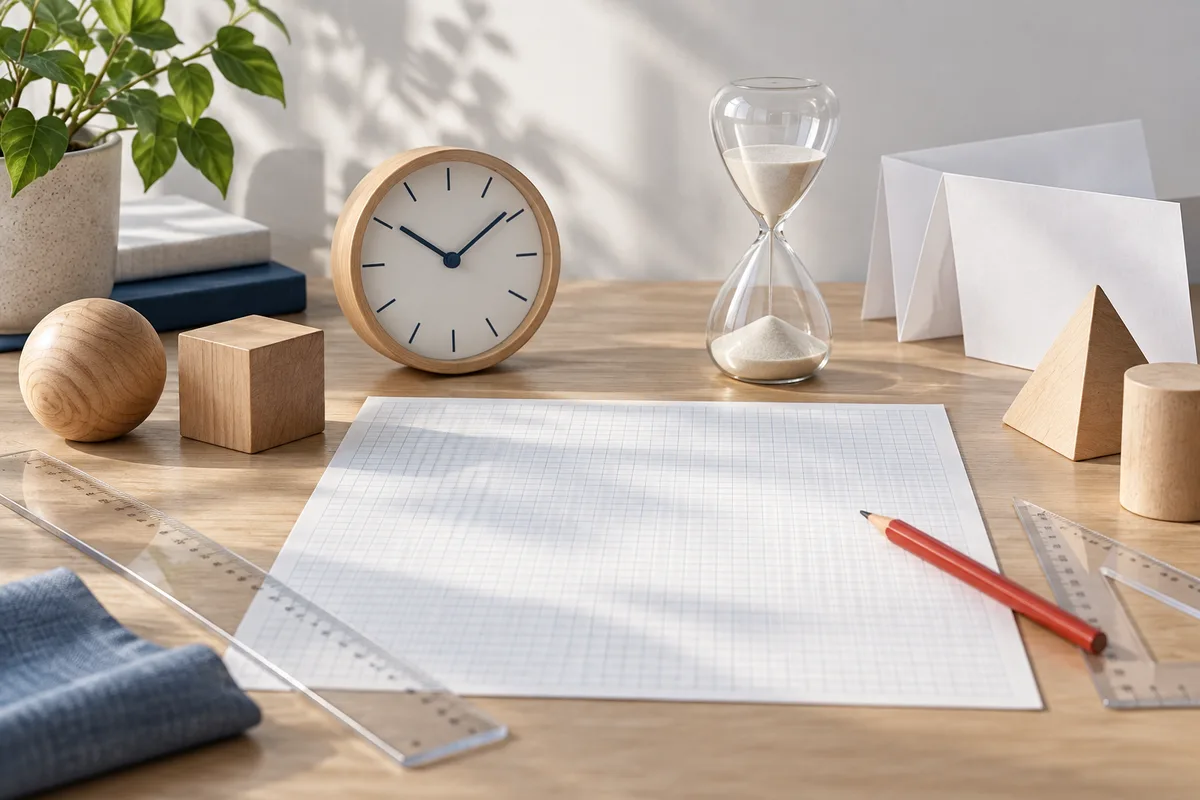 A wooden clock and glass hourglass sit behind blank graph paper on a desk, with a red pencil, clear rulers, wooden shapes, folded paper, and a potted plant nearby.