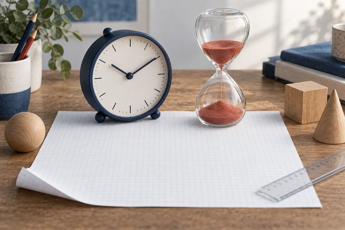 A navy clock and glass hourglass sit on blank graph paper beside pencils, wooden shapes, books, and a clear ruler.
