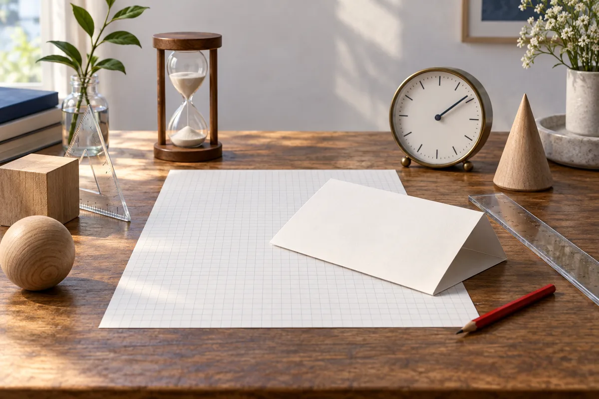A blank sheet of graph paper and a folded white card sit on a wooden desk with a clock, hourglass, rulers, wooden shapes, and a red pencil.