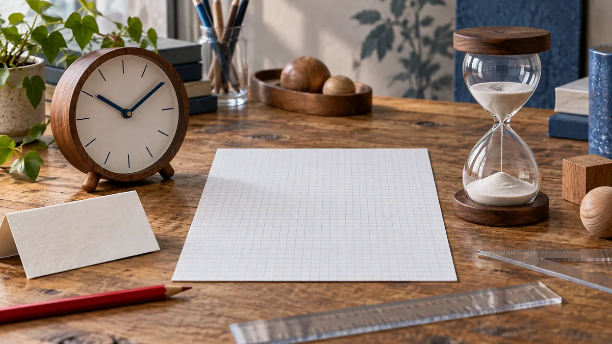 A wooden clock and glass hourglass sit beside blank graph paper, rulers, pencils, books, and wooden objects on a desk.