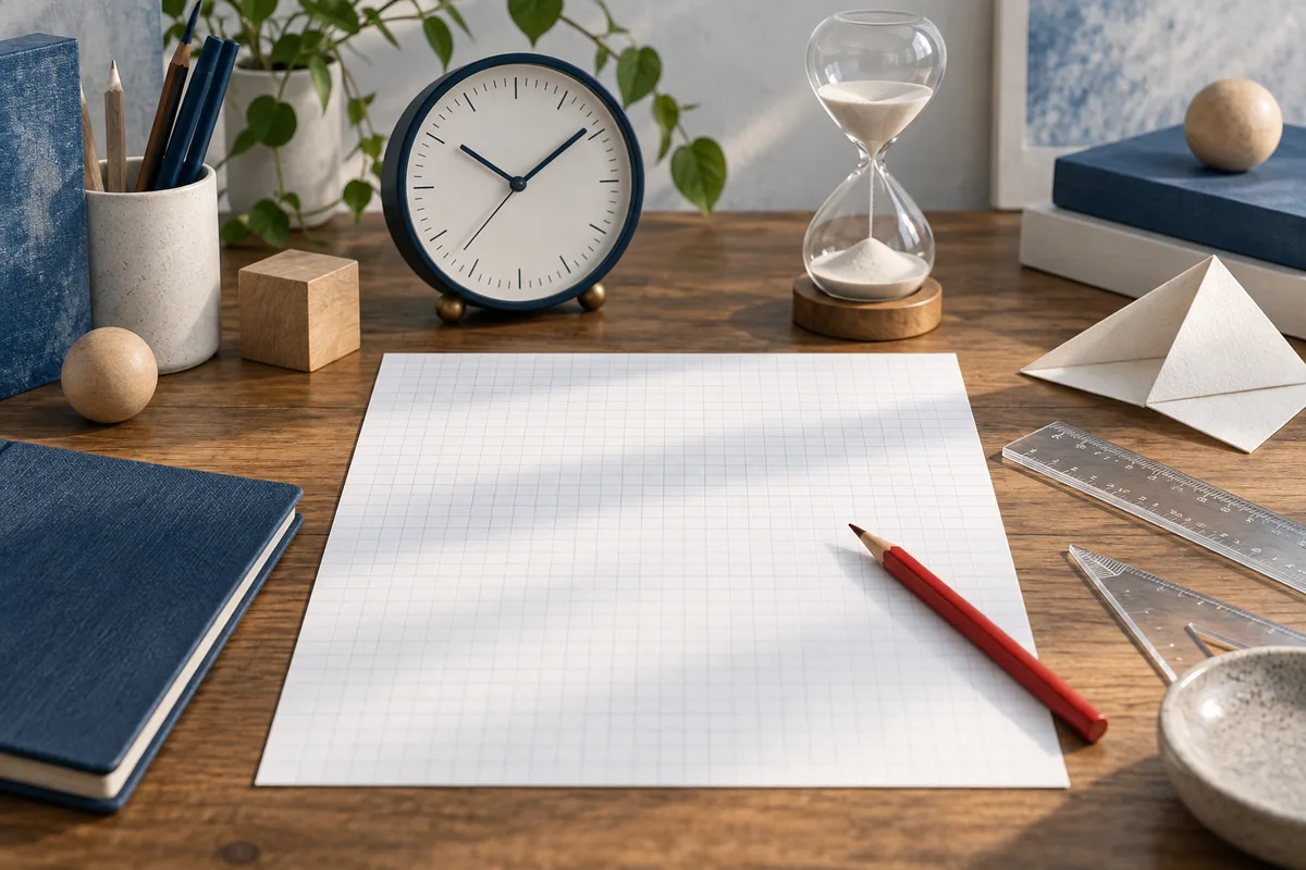 A wooden desk holds a blank gridded sheet of paper, a red pencil, a clock, an hourglass, clear rulers, books, wooden shapes, and folded paper.