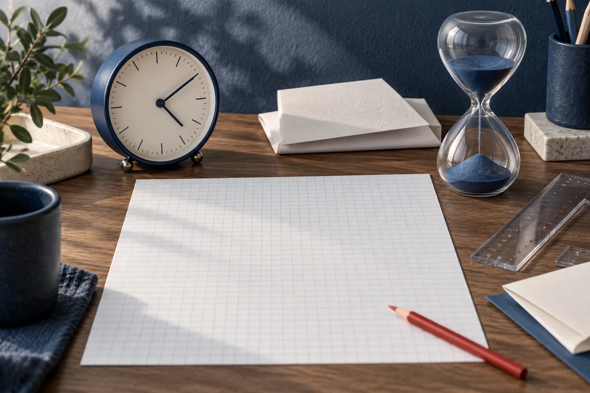 A clock and hourglass sit behind a blank sheet of graph paper on a wooden desk, with a red pencil and clear ruler nearby.