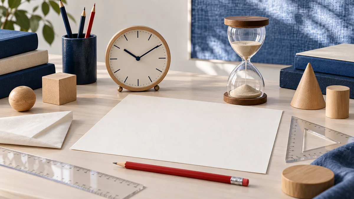 A blank sheet and red pencil sit on a desk with a clock, hourglass, wooden shapes, rulers, and stacked books.
